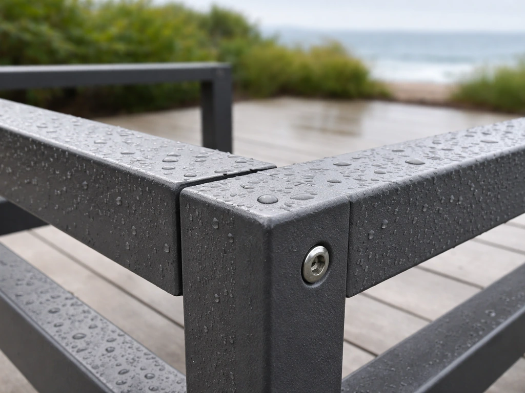 Wet powder-coated aluminum patio frame outdoors, close-up highlighting clean, rust-free durability.