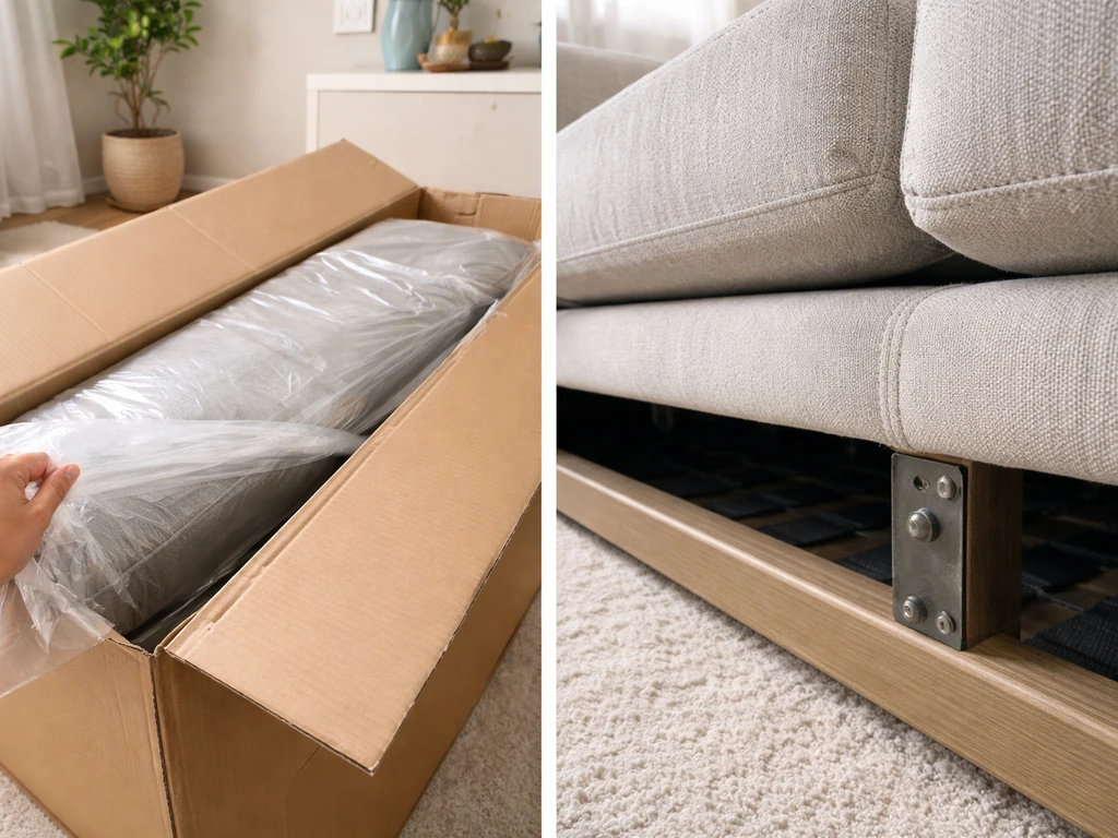 Minimal sofa delivery and close-up of durable frame stitching in a bright living room.
