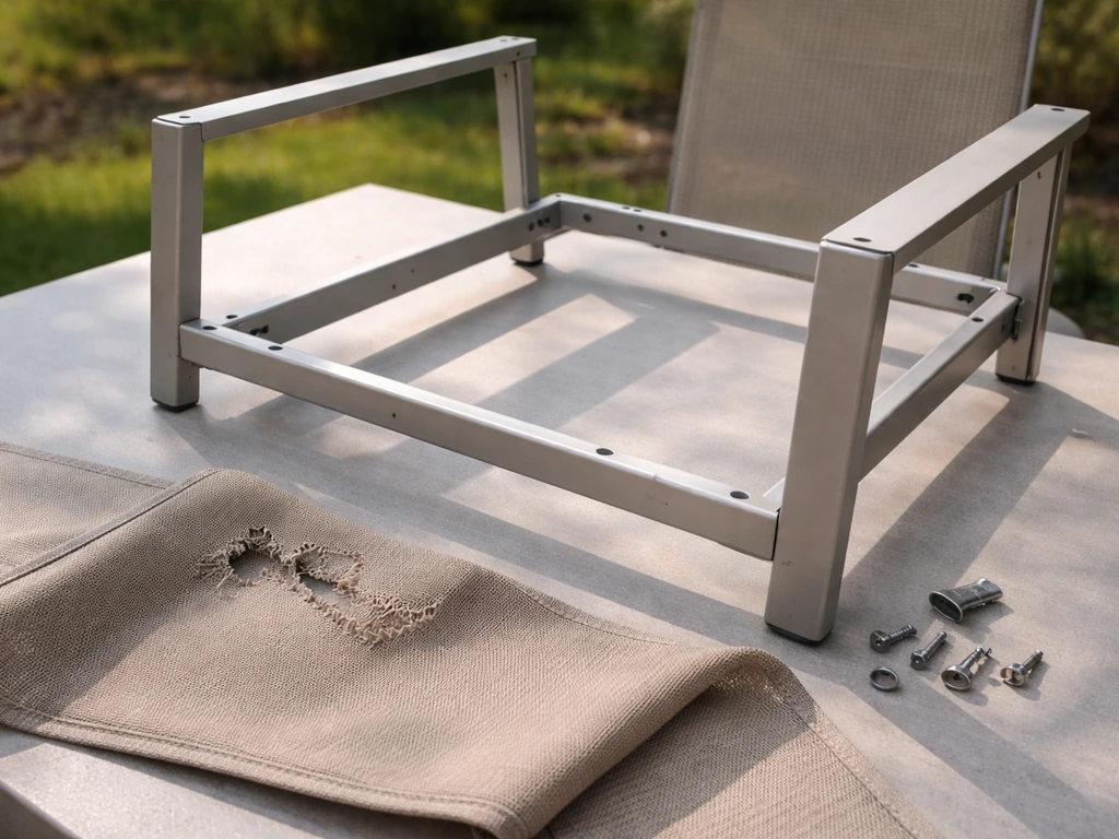 Outdoor patio chair frame with sling strap, stainless hardware, and a visibly chewed fabric section from squirrels.