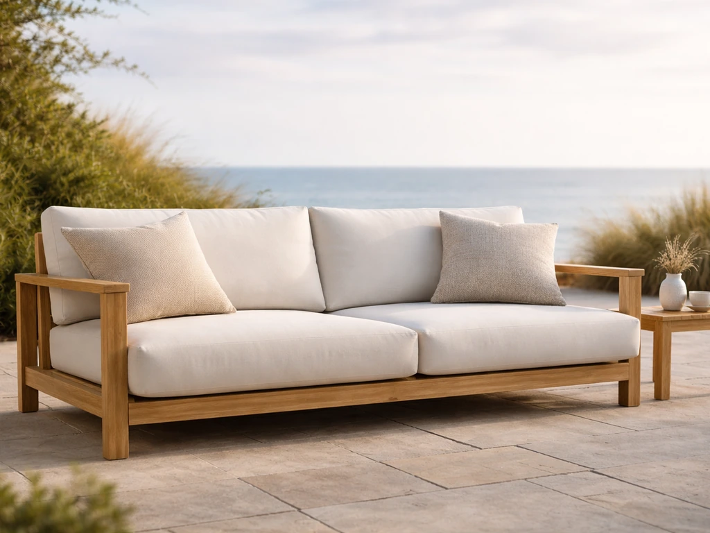 Outdoor patio deep-seating lounge with an 80-inch sofa, arranged for relaxed entertaining in coastal light.