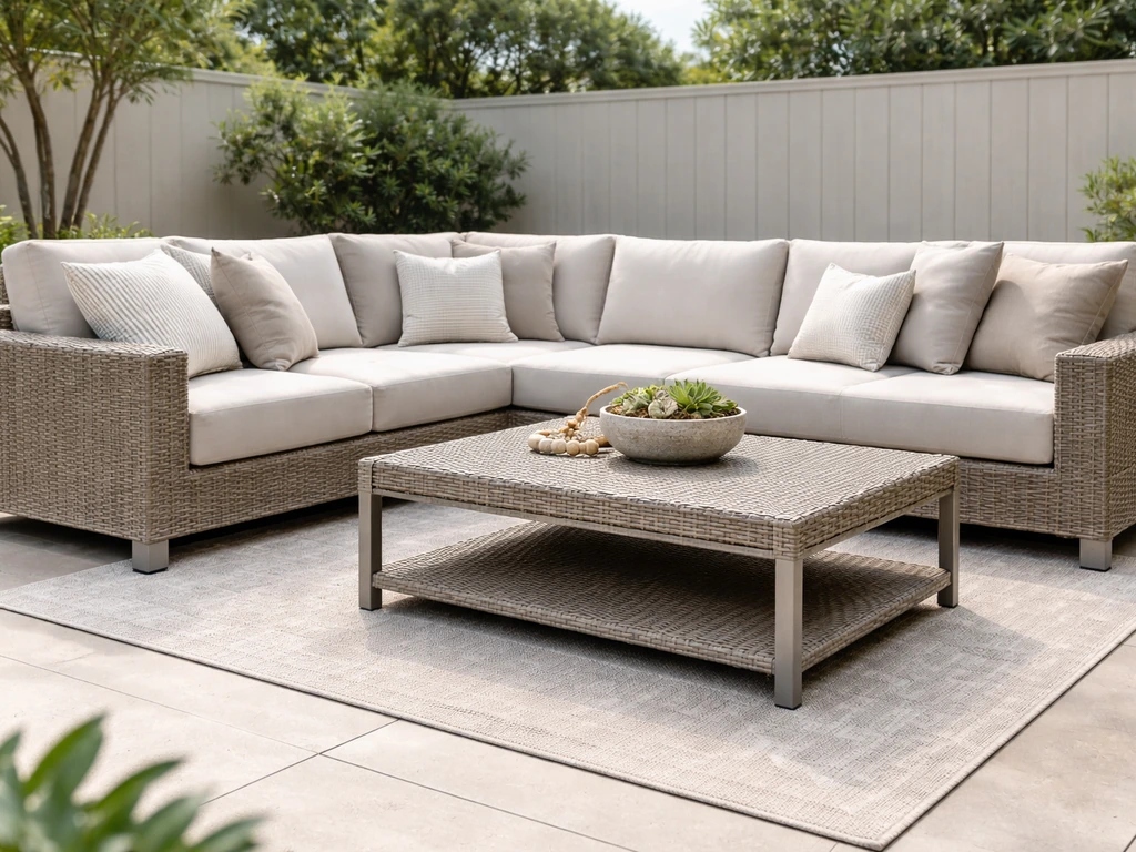 Inviting modular wicker patio sectional on a clean outdoor patio with neutral cushions and natural light.