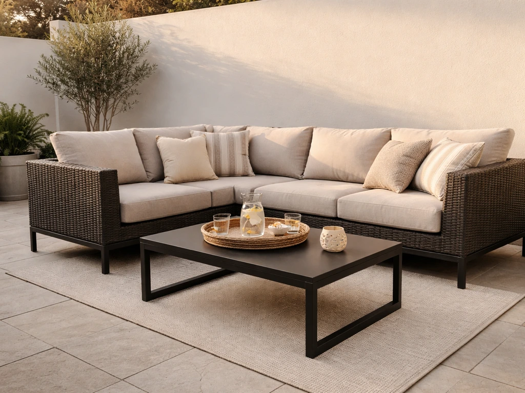 L-shaped outdoor modular sectional arranged on a patio for entertaining with cushions and potted plants.