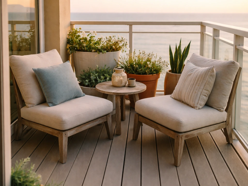 Two compact lounge chairs on a small balcony patio with a side table and coastal-style decor.