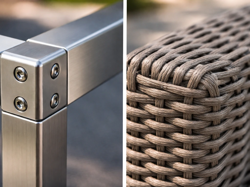 Close-up of aluminum frame joint and HDPE all-weather wicker weave texture side by side.
