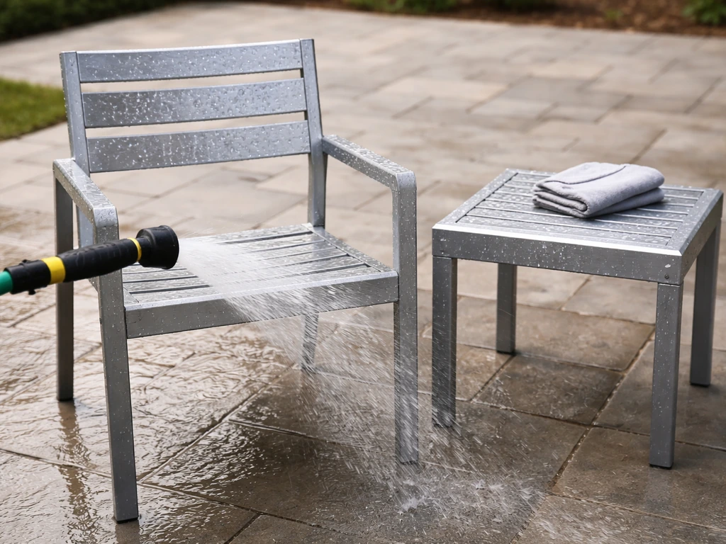 Outdoor aluminum chair and small table being rinsed with a hose after rain, with cloth nearby.